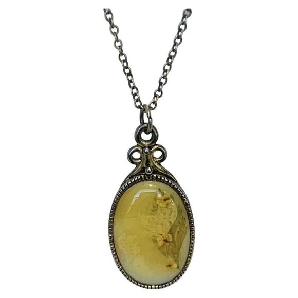Vintage Yellow Flower Mother Of Pearl Oval Pendant 2 Tier Chain Necklace 21” - Picture 5 of 11
